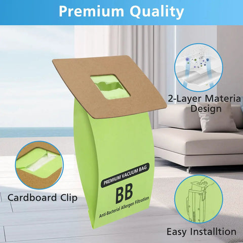 15 Pack Type BB Compact Canister Vacuum Bags Replacement For BB180 BB280 BB850 BB870 BB900 BB1000 MV160 CC1600, cardboard clip detail, premium quality