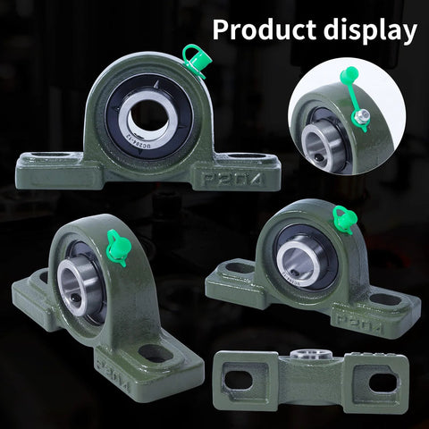 Donepart UCP204-12 pillow block bearing with 3/4 in bore, green cast-iron housing, 2-bolt flange, four views
