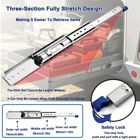 1 Pair 76mm Wide Heavy Duty Drawer Slides For Truck Bed With Full Extension, Quiet Operation, Anti Rust Design, Smooth Ball Bearing Rails For Easy Access To Tools And Gear, shown extended with safety lock