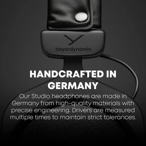 DT 770 PRO 80 Ohm Closed Back Over Ear Studio Headphones With 3M Straight Cable And Limited Edition Black Velour Ear Pads, handcrafted in Germany, image showing brand and materials used.