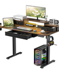 Epic Electric Height Adjustable Gaming Desk With RGB LED Lights And 10 Color Modes For Custom Setup And Power Brown Aesthetic Upgrade, showcasing dual monitors and storage.
