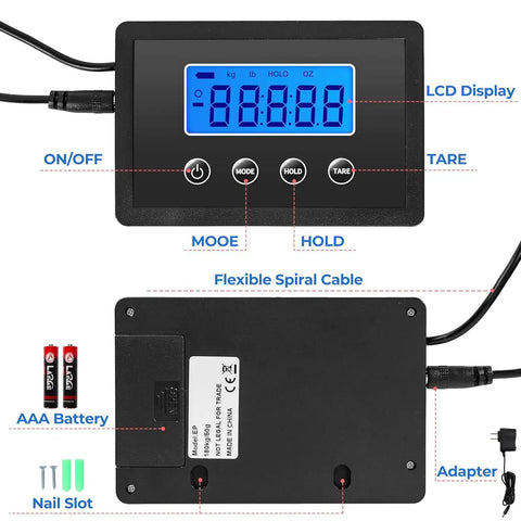 Rock Solid Digital Postal Scale For Packages Luggage And Mail, LCD display with buttons and cable, designed for heavy duty use.