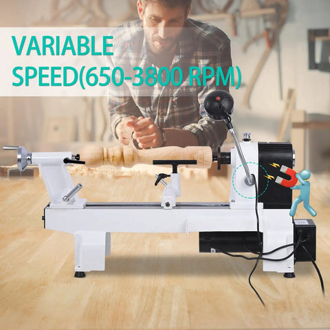 12x18 Inch Wood Lathe With Infinitely Variable Speed 650 To 3800 RPM, Three Quarters Horsepower Benchtop Lathe For Woodworking