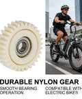 Durable nylon gear next to a cyclist on an electric bike. Three Pack 31T Spiral Bevel Gear Set For Bafang Hub Motors 41.5x11mm