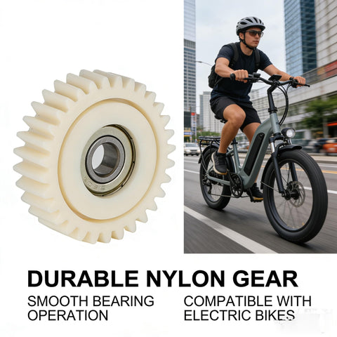 Durable nylon gear next to a cyclist on an electric bike. Three Pack 31T Spiral Bevel Gear Set For Bafang Hub Motors 41.5x11mm