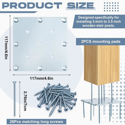 Two Pack Railing Newel Post Mount Kits For 3 To 3.5 Inch Wooden Staircases Featuring Slick Hidden Base Plates And Built Tough Steel Hardware Plus Hassle Free Setup Screws with 117mm base size and long screws.