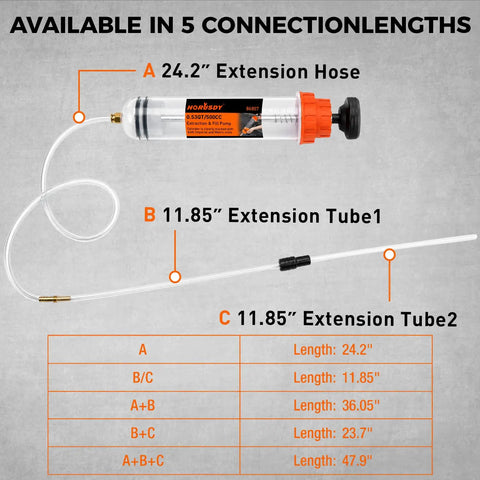 No Sweat 500 Cc Manual Fluid Extractor Pump With Long Hose For Dead Simple Oil Removal Smooth Brake Fluid Swap And Quick Coolant Fill On Trucks Or Classic Cars with extension hose details.