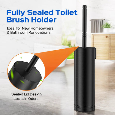 Premium 304 Stainless Steel Toilet Brush And Wall Mount Holder Set For Modern Bathrooms With A Rust Resistant Finish and sealed lid design.