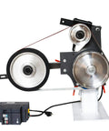 Rock Solid 2 By 71 Inch Variable Speed Belt Grinder With Three Flat And Rubber Grinding Wheels showing motor and belt system.