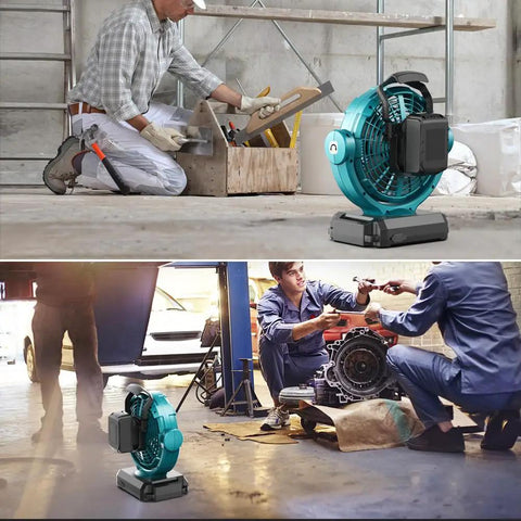 18V Cordless Oscillating Fan With Brushless Motor Compatible With Makita 18V Battery in workshop and jobsite settings