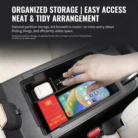 Custom Cut Center Console Organizer For Tesla Cybertruck 2024 And 2025 Armrest Box Storage Tray showing organized storage with phone and items.