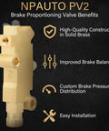 PV2 brake proportioning valve, brass, side view showing front disc/rear drum brake ports for GM/Ford/Chevy vehicles
