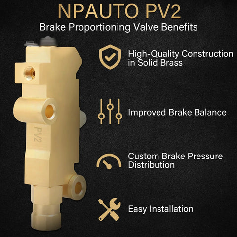 PV2 brake proportioning valve, brass, side view showing front disc/rear drum brake ports for GM/Ford/Chevy vehicles