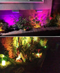 Outdoor RGB Color Changing Spotlight Kit With Remote illuminating garden at night with vibrant colors, 4-pack displayed.
