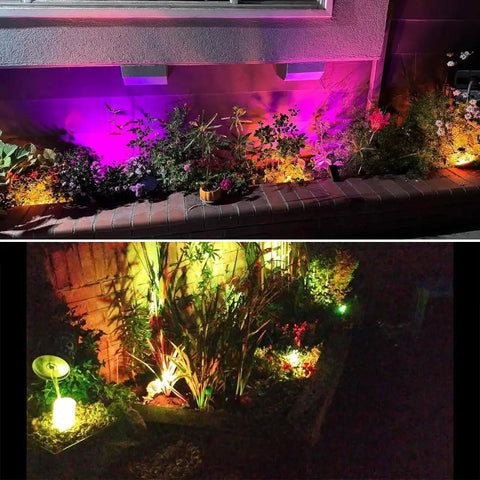 Outdoor RGB Color Changing Spotlight Kit With Remote illuminating garden at night with vibrant colors, 4-pack displayed.