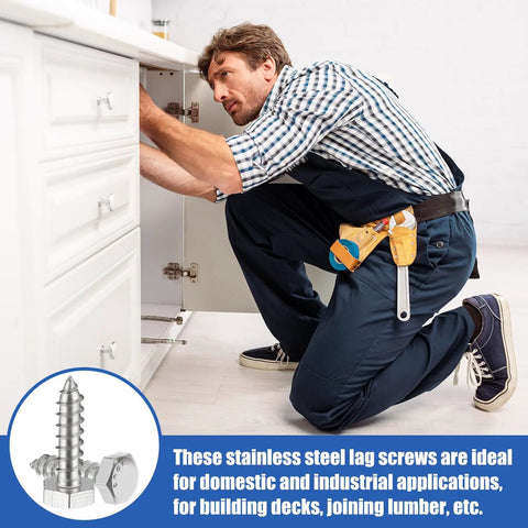 Person installing cabinet with 50 Pack 1/4 In By 1 In Hex Head Lag Screws 304 Stainless Steel Heavy Duty Wood Bolts For Outdoor Decks