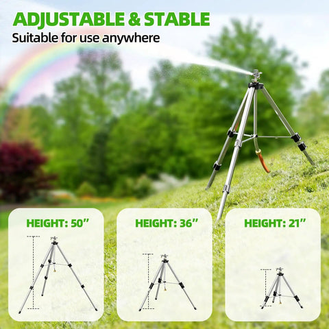Tripod Base Brass Impact Sprinkler With Pulsating 360 Degree Coverage, adjustable telescoping height options demonstration.