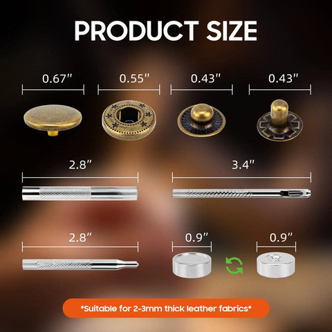 Pro Gear Metal Snap Buttons 40 Sets 17Mm Fasteners With No Sweat Assembly Tools For Leather Jackets And Fabric Projects size chart with button dimensions.