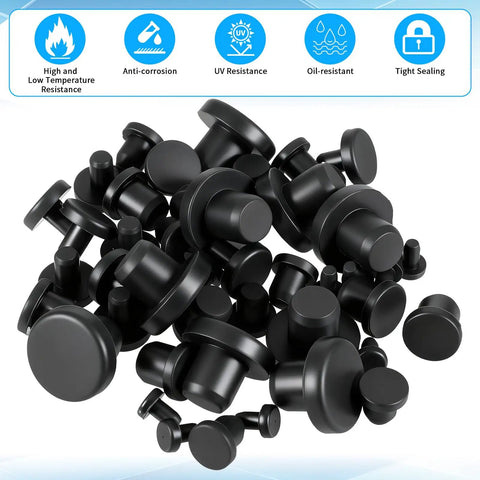 80 Piece Silicone Rubber Hole Plugs Set For Round Holes 4mm To 9.5mm Waterproof Stoppers in black with anti-corrosion feature symbols