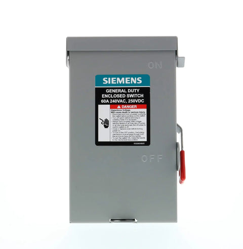 Front view of 2P 60A 240V General Duty Outdoor Non Fusible Safety Switch with visible blade and rugged outdoor ready design.