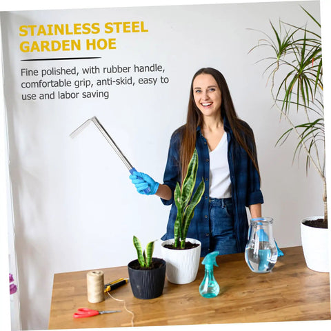Woman showcasing Stainless Steel Gardening Hoe With Anti Skid Rubber Grip Lightweight Yet Sturdy Hand Tool For Quick Weeding
