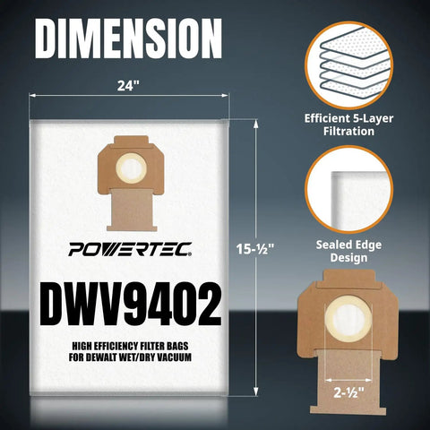 Replacement Fleece Filter Bags For DeWalt Dust Extractors Self Cleaning 5 Pack Compatible With DWV9402 diagram dimensions 24x15.5 inches