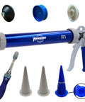 620AL Blue Round Rod Caulk Gun With Aluminum Barrel Eighteen To One Thrust Ratio includes ring cap, cones, and sausage cup.