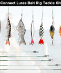 Premium Heavy Duty Steel Fishing Wire Leaders With Swivels 50 Piece Pre Rigged Anti Bite Tippet Kit displayed with various lures.