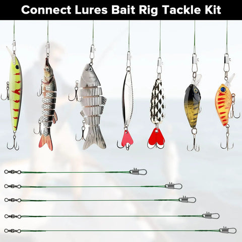 Premium Heavy Duty Steel Fishing Wire Leaders With Swivels 50 Piece Pre Rigged Anti Bite Tippet Kit displayed with various lures.