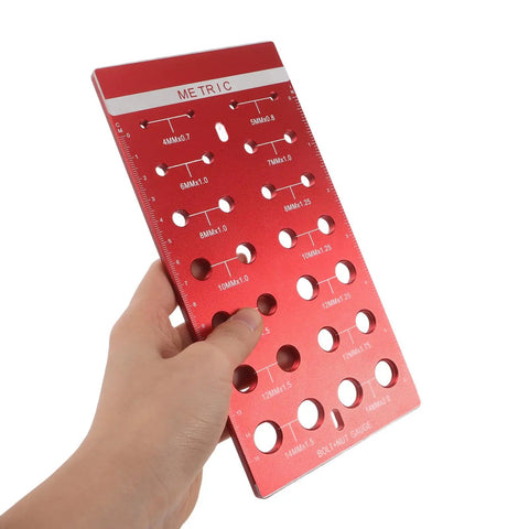 Check Screw Thread Sizes Fast With This Heavy Duty Aluminum Alloy Gauge Set For Metric And Standard Bolts That Fits In Your Pocket Perfectly. Red metric bolt thread gauge held in hand for measuring screw sizes