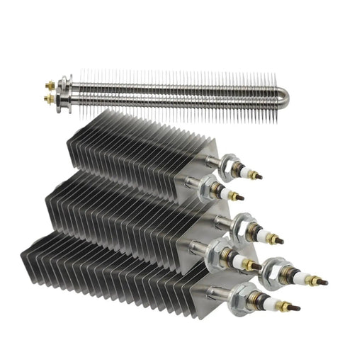 Rock Solid Electric Finned Tubular Heater Delivering Quick Strike Warmup 1500W 230V Power showcasing stainless steel finned design and connectors.