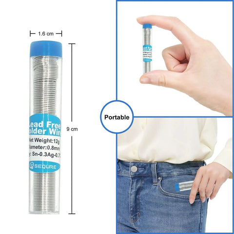 Lead-Free Solder Flux Wire With Rosin Core 0.8mm Diameter Tin Solder For Electronics shown in a tube, held in hand, and fitting in pocket.