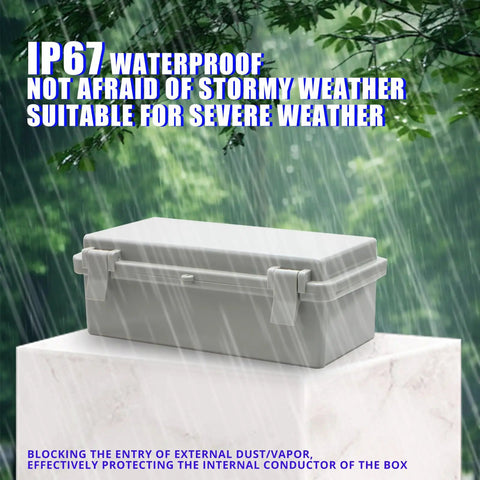 Small Electrical Junction Box With Cover Waterproof Outdoor Hinged Plastic Clip 7.9-Inch by 3.9-Inch by 2.8-Inch shown in rain