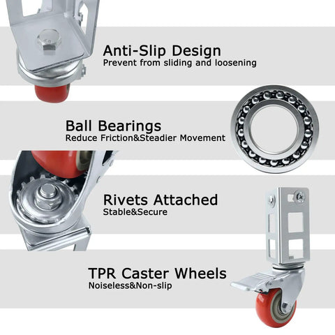 Pack Of Four 3 Inch Heavy Duty Storage Rack Caster Wheels With Ball Bearing Swivels That Roll Like Butter And Secure Lock Brakes To Handle Five Hundred Pounds Without Any Sweat For Garage Shelving Units In Bold Red, showing tpr wheels and ball bearings