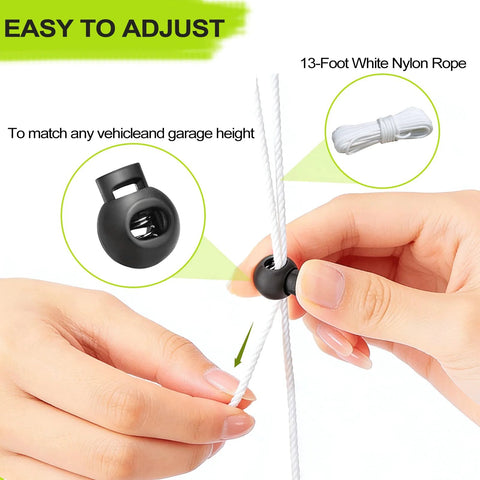 Dnairtly garage parking aid 2-pack: close-up of white nylon rope threaded through a black adjustable stopper.