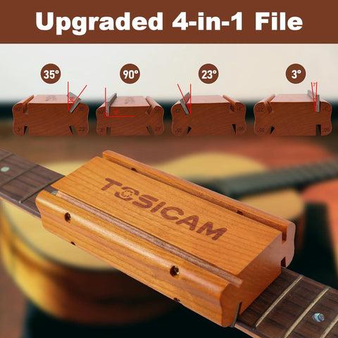 Guitar fret end beveling file 4-in-1 on wooden block, TOSICAN brand