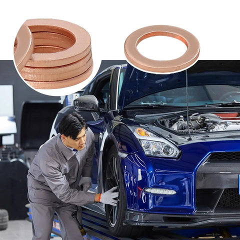 Mechanic by car with Oil Drain Plug Gasket Set 14mm Copper Crush Washers 10 Pack Premium Replacement Seals shown above