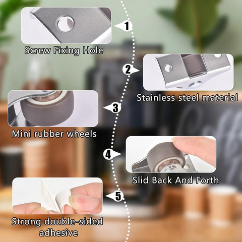 5 labeled images of 8 Pcs Tiny 1 Inch Caster Wheels Low Profile One Way Rubber Casters with features like fixing hole, rubber wheels, adhesive.