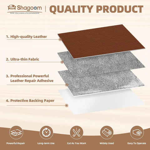 Top Shelf Leather And Vinyl Repair Kit Featuring Large Patches For Couches And Upholstery Sets, showing high-quality leather and adhesive layers.