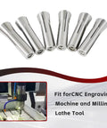 Round Collet Set Six Piece Kit For CNC Engraving And Milling Lathe Tooling, steel collets arranged in a semicircle, text overlay