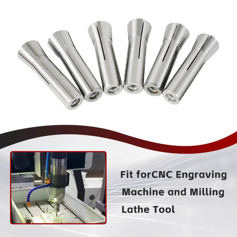 Round Collet Set Six Piece Kit For CNC Engraving And Milling Lathe Tooling, steel collets arranged in a semicircle, text overlay
