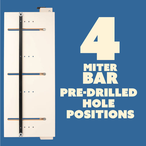 Adjustable Taper and Straight Line Jig With Blade Safe Hold Downs for Table Saw, featuring four miter bar pre-drilled hole positions.