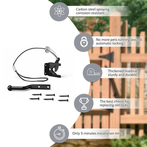 Heavy Duty Self Latching Gate Hook With Spring Release Cable, carbon steel latch and spring cable for outdoor wood gates.