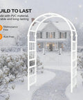 Heavy Duty PVC Garden Arbor Arch For Plant Climbing, 94 Inch Tall Backdrop Stand With Wide Entryway in a snowy garden setting