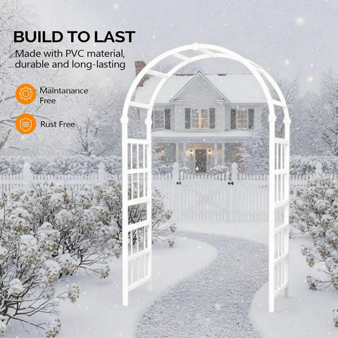 Heavy Duty PVC Garden Arbor Arch For Plant Climbing, 94 Inch Tall Backdrop Stand With Wide Entryway in a snowy garden setting