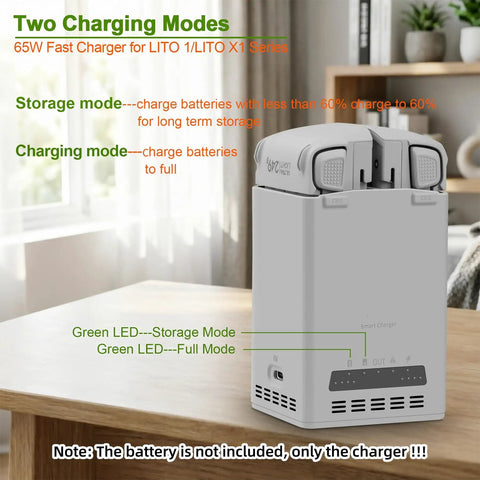 Dual Bay Drone Battery Charger Dock For Lito 1 And Lito X1 on table, two charging modes, indicator lights, batteries not included
