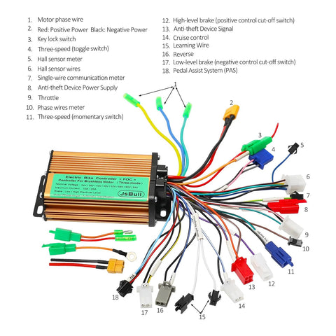 Brushless hub motor kit with 24V 250W controller and multi-wire wiring harness