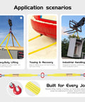 Kivomot 2-leg 3-ton lifting sling with yellow polyester webbing and red hooks.