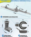 Diagram showing Dishwasher Lower Spray Arm Replacement Kit with dimensions, including spray arm, support, and filter.