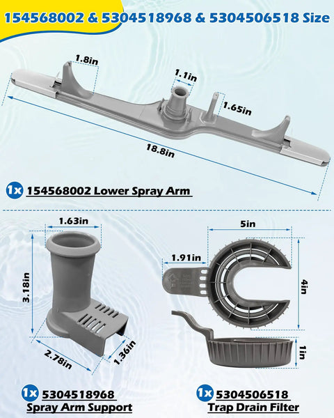 Diagram showing Dishwasher Lower Spray Arm Replacement Kit with dimensions, including spray arm, support, and filter.